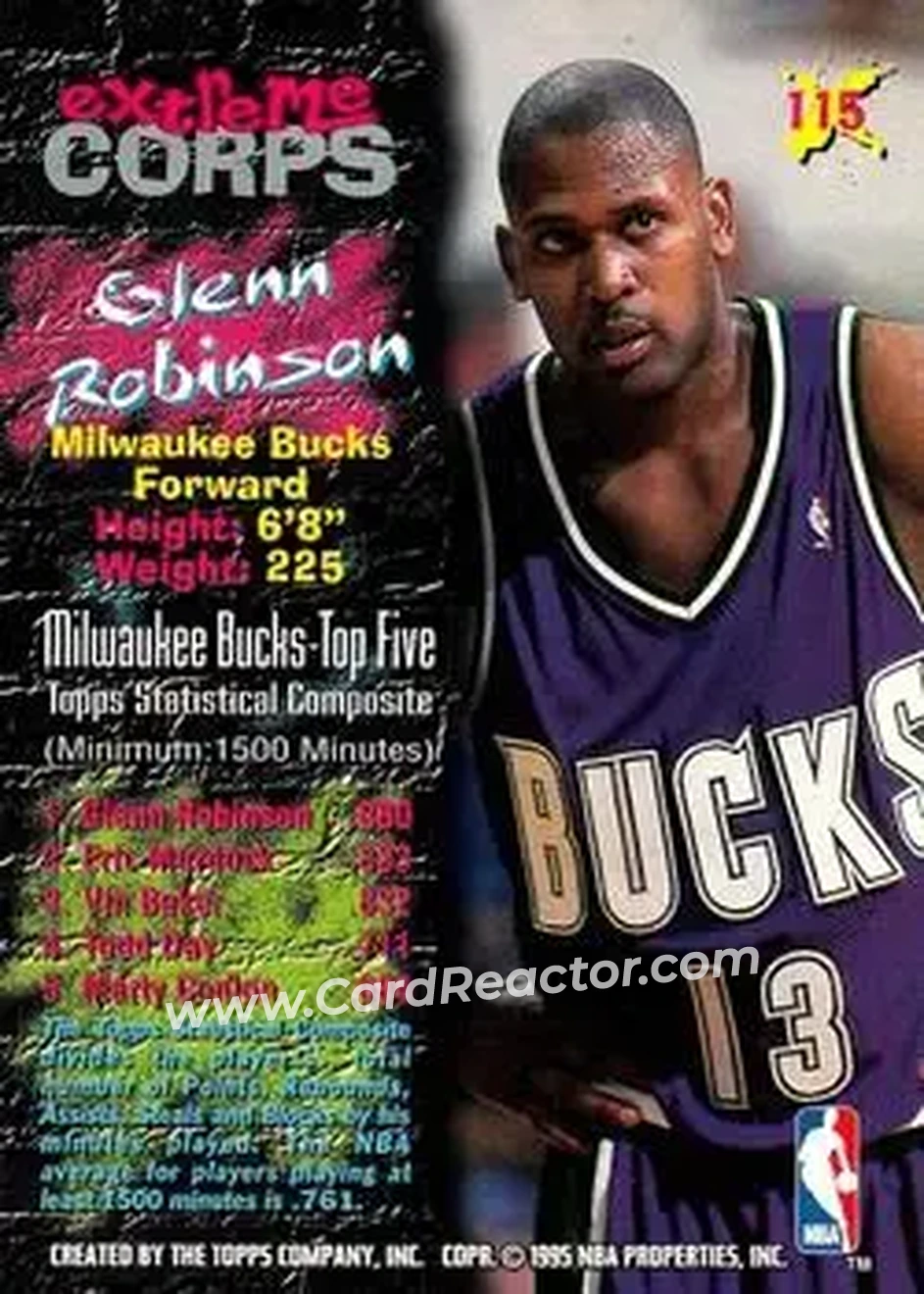 1995-96 Stadium Club #115 - Glenn Robinson - Milwaukee Bucks - Back