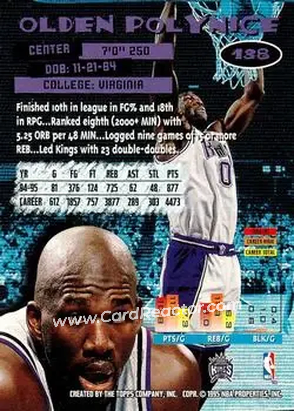 1995-96 Stadium Club #138 - Olden Polynice - Sacramento Kings - Back