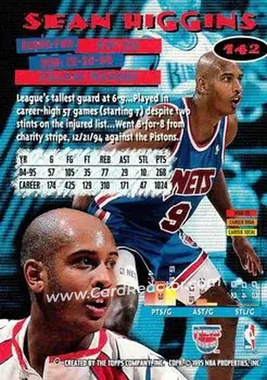1995-96 Stadium Club #142 - Sean Higgins - New Jersey Nets - Back