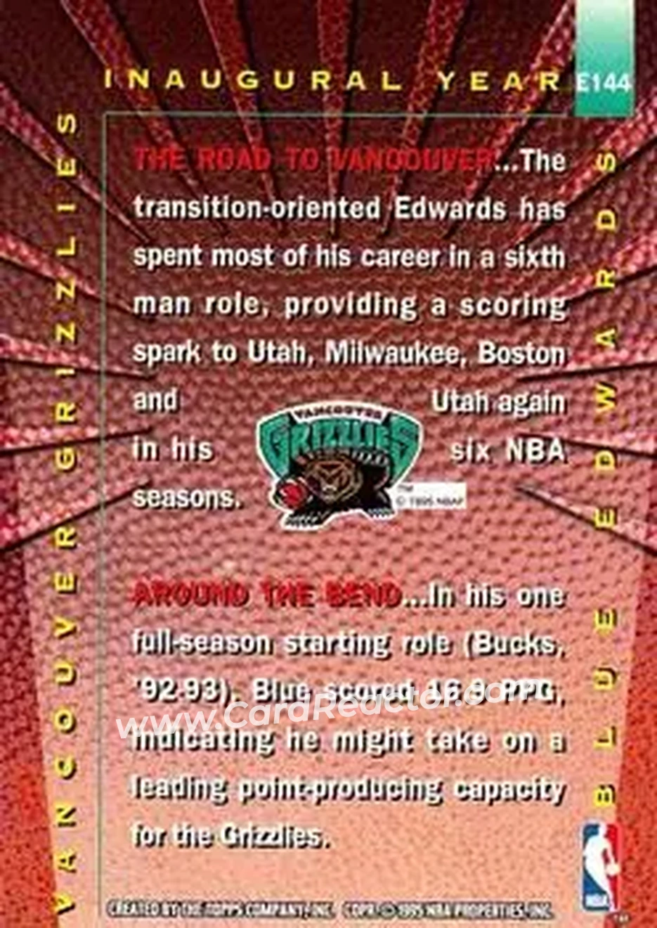 1995-96 Stadium Club #E144 - Blue Edwards - Vancouver Grizzlies - Back