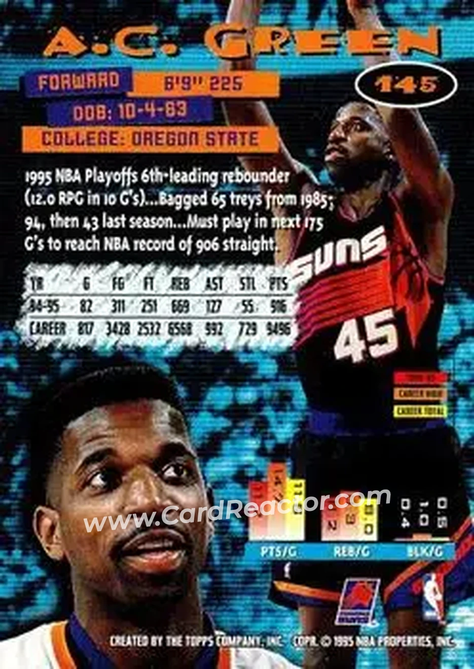 1995-96 Stadium Club #145 - A.C. Green - Phoenix Suns - Back
