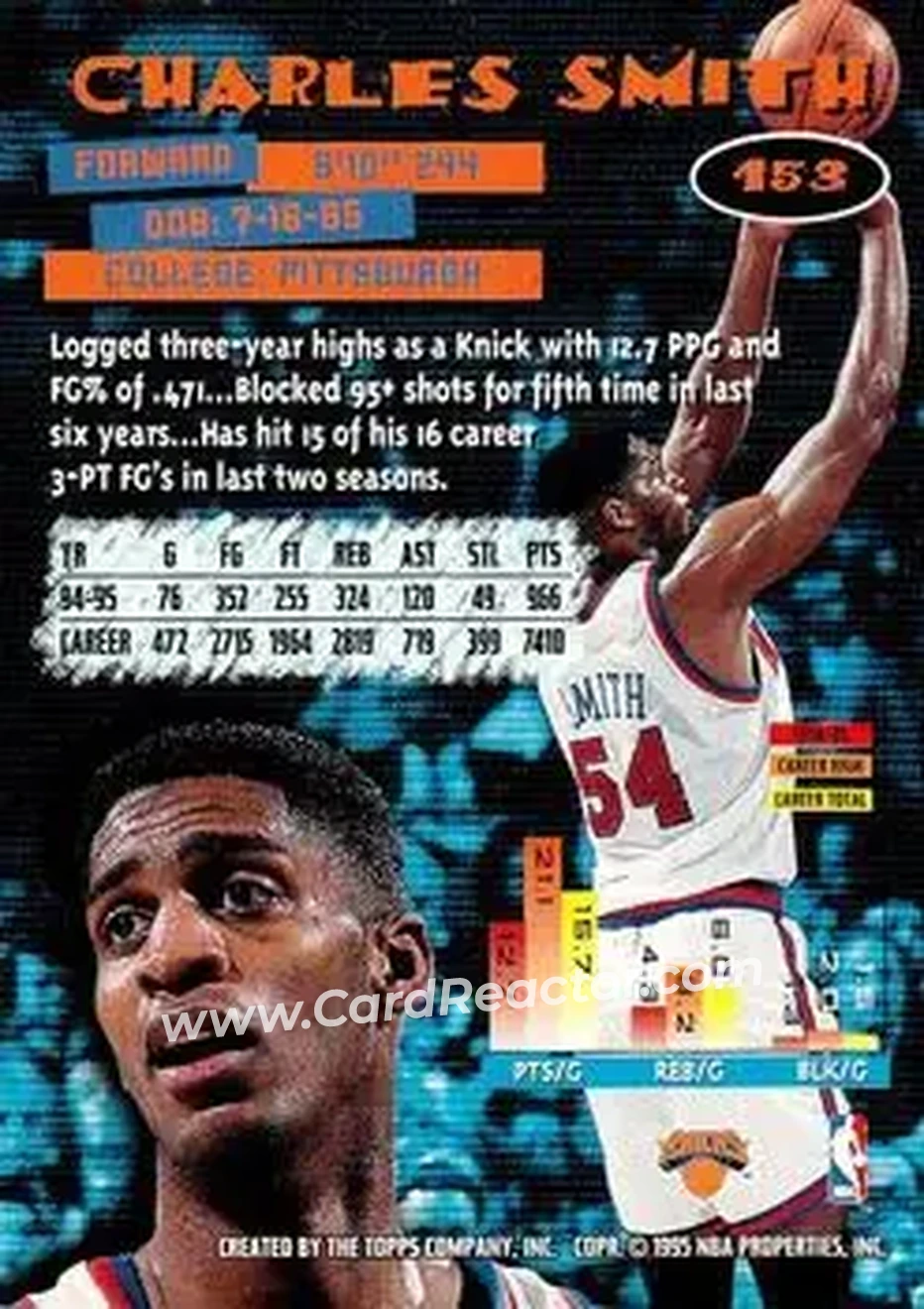 1995-96 Stadium Club #153 - Charles Smith - New York Knicks - Back
