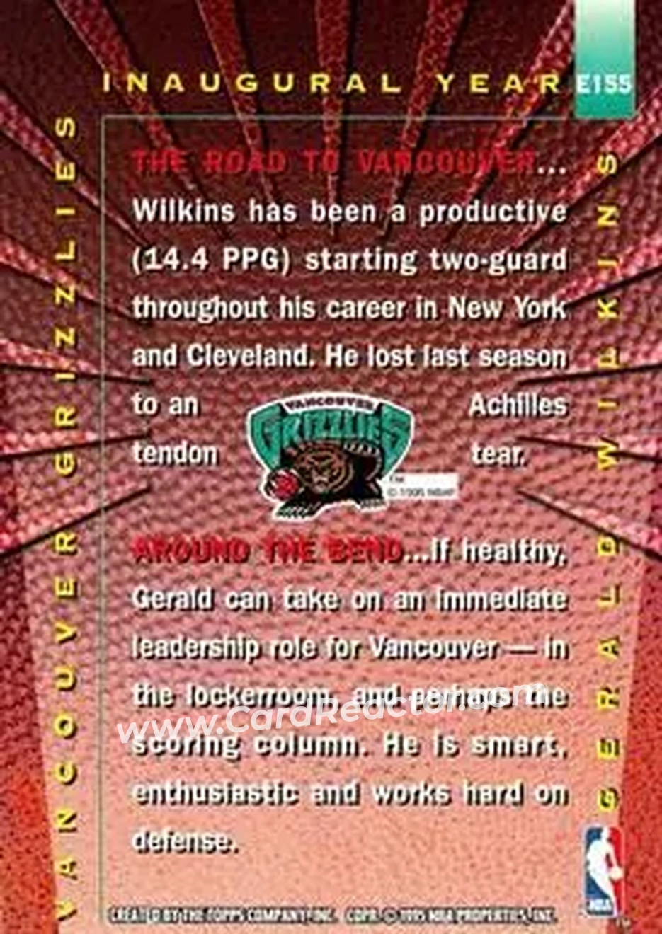 1995-96 Stadium Club #E155 - Gerald Wilkins - Vancouver Grizzlies - Back