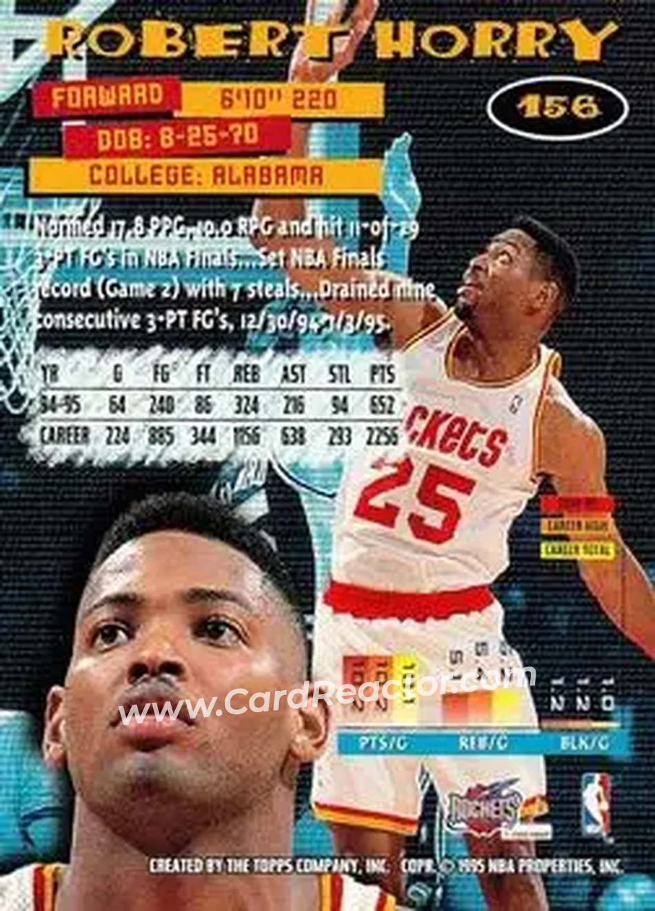 1995-96 Stadium Club #156 - Robert Horry - Houston Rockets - Back
