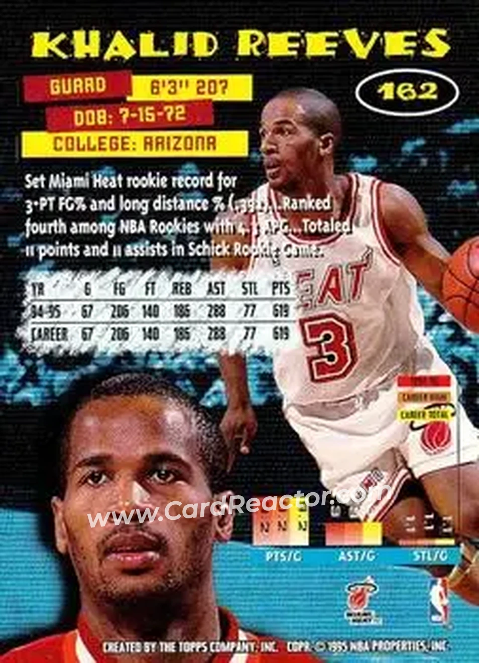 1995-96 Stadium Club #162 - Khalid Reeves - Miami Heat - Back