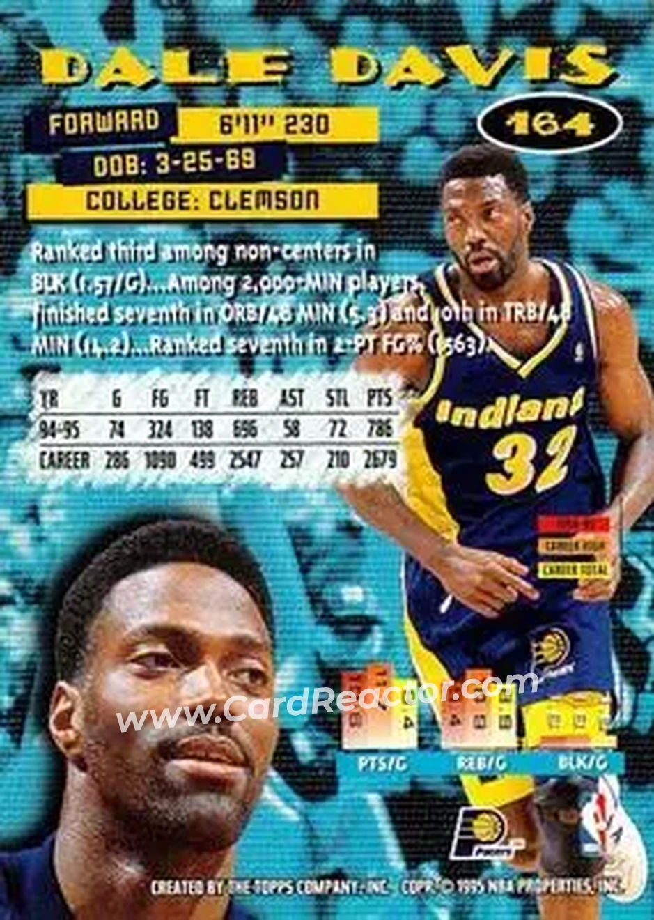 1995-96 Stadium Club #164 - Dale Davis - Indiana Pacers - Back
