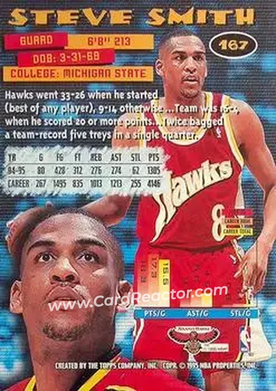 1995-96 Stadium Club #167 - Steve Smith - Atlanta Hawks - Back