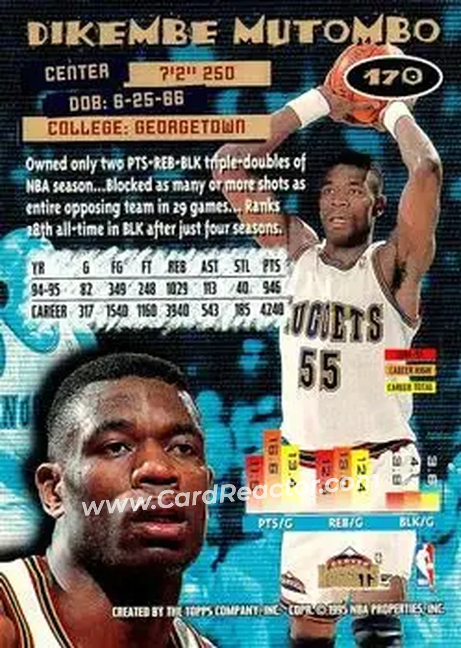 1995-96 Stadium Club #170 - Dikembe Mutombo - Denver Nuggets - Back