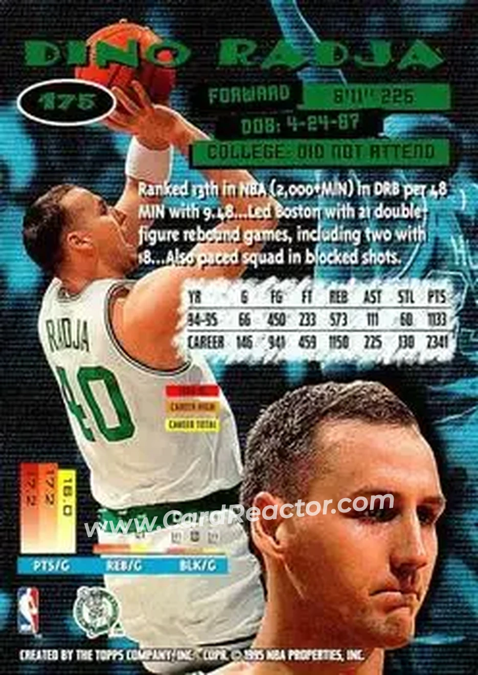 1995-96 Stadium Club #175 - Dino Radja - Boston Celtics - Back