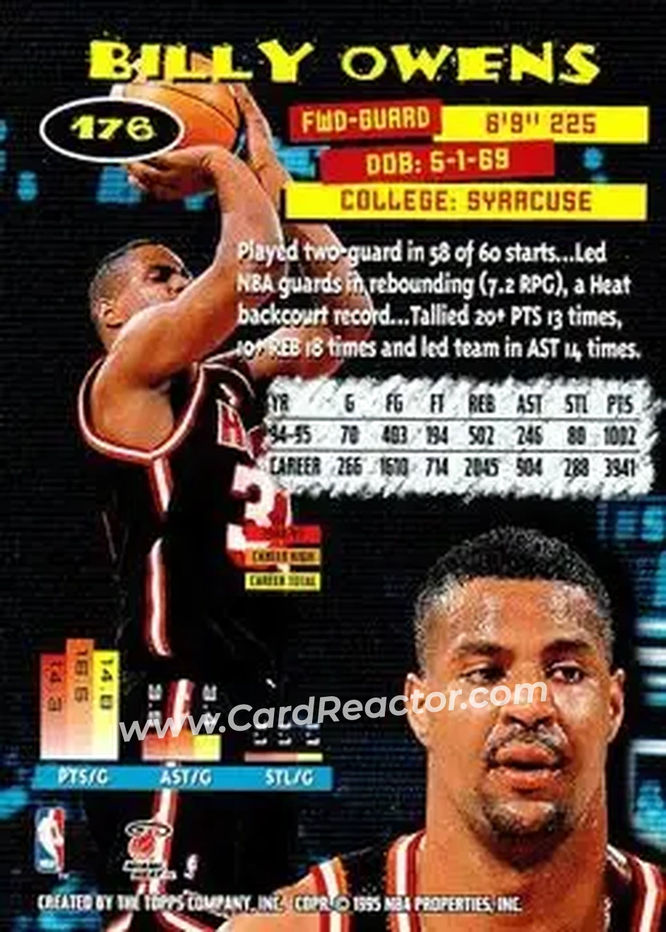 1995-96 Stadium Club #176 - Billy Owens - Miami Heat - Back