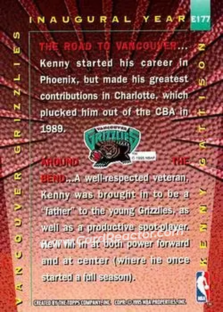1995-96 Stadium Club #E177 - Kenny Gattison - Vancouver Grizzlies - Back