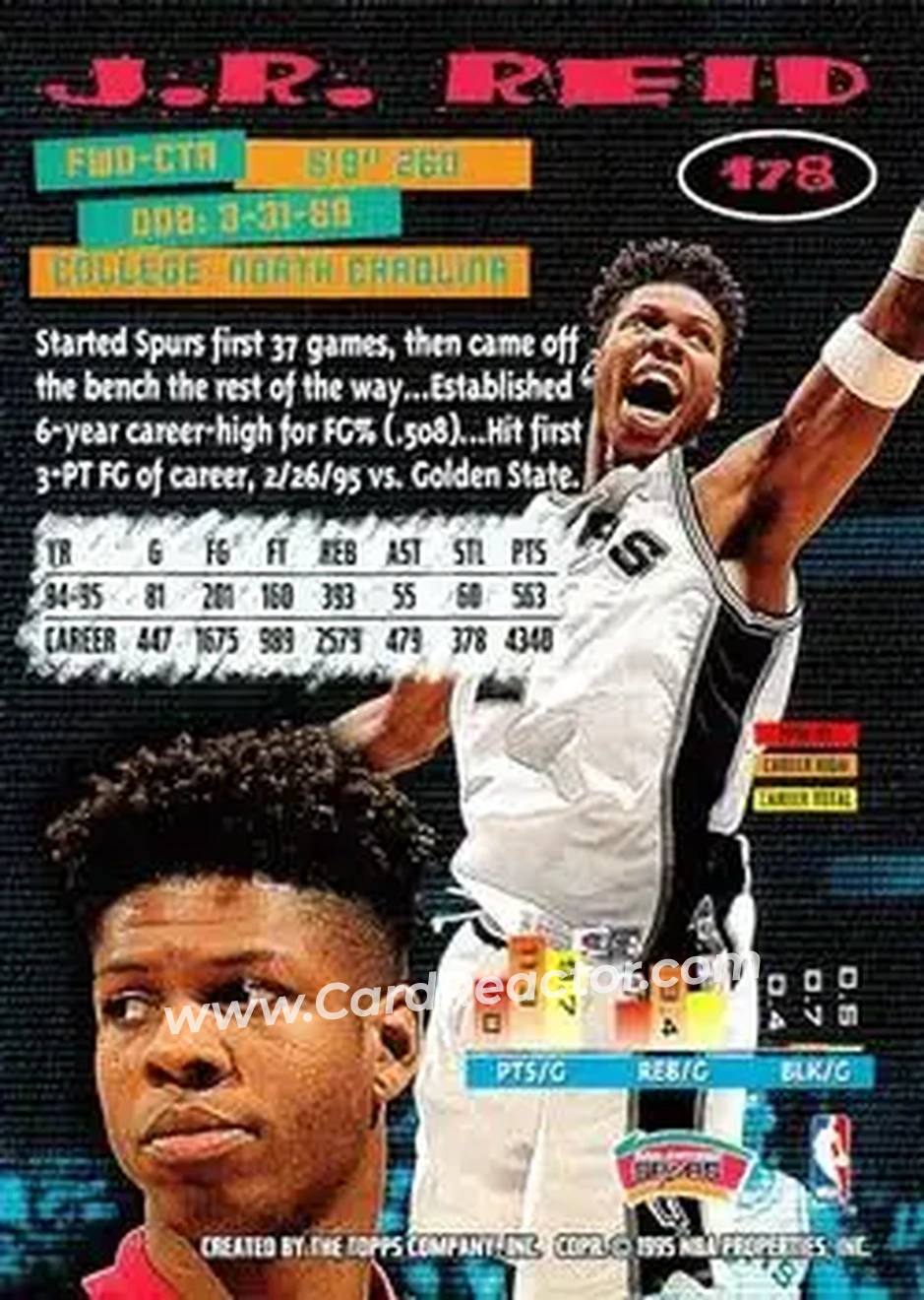 1995-96 Stadium Club #178 - J.R. Reid - San Antonio Spurs - Back