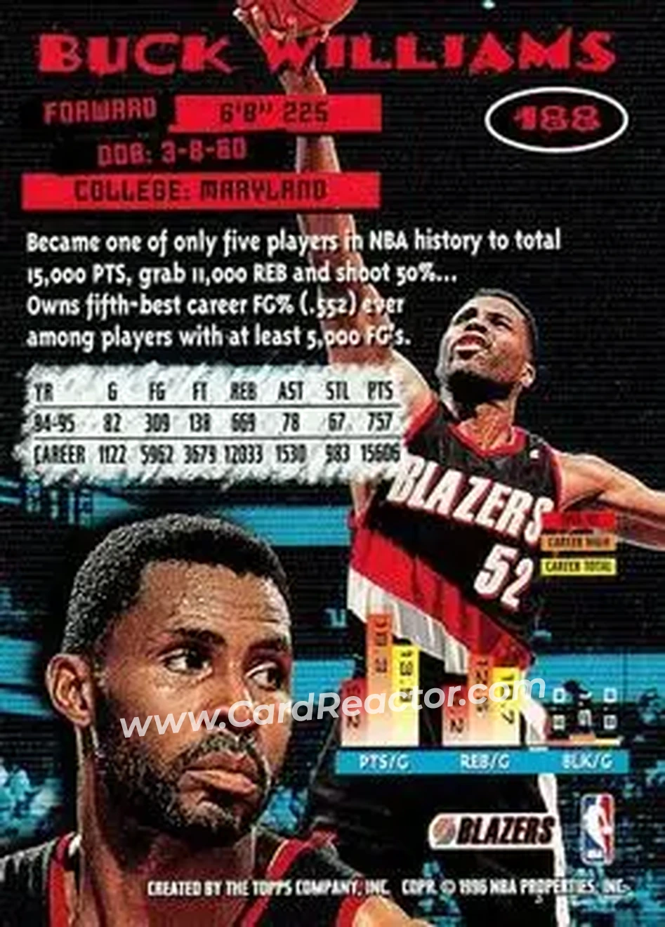 1995-96 Stadium Club #188 - Buck Williams - Portland Trail Blazers - Back