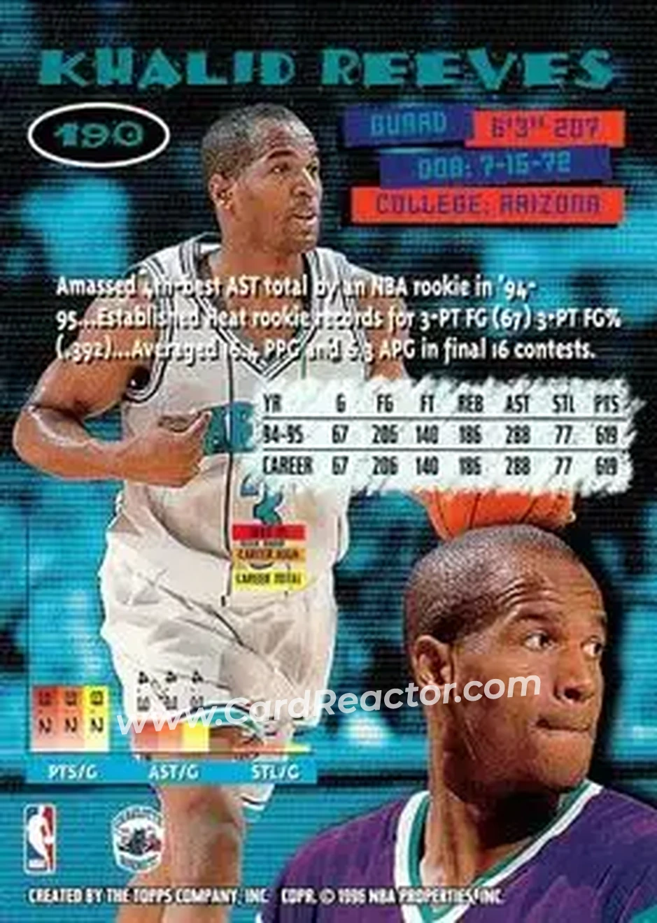 1995-96 Stadium Club #190 - Khalid Reeves - Charlotte Hornets - Back