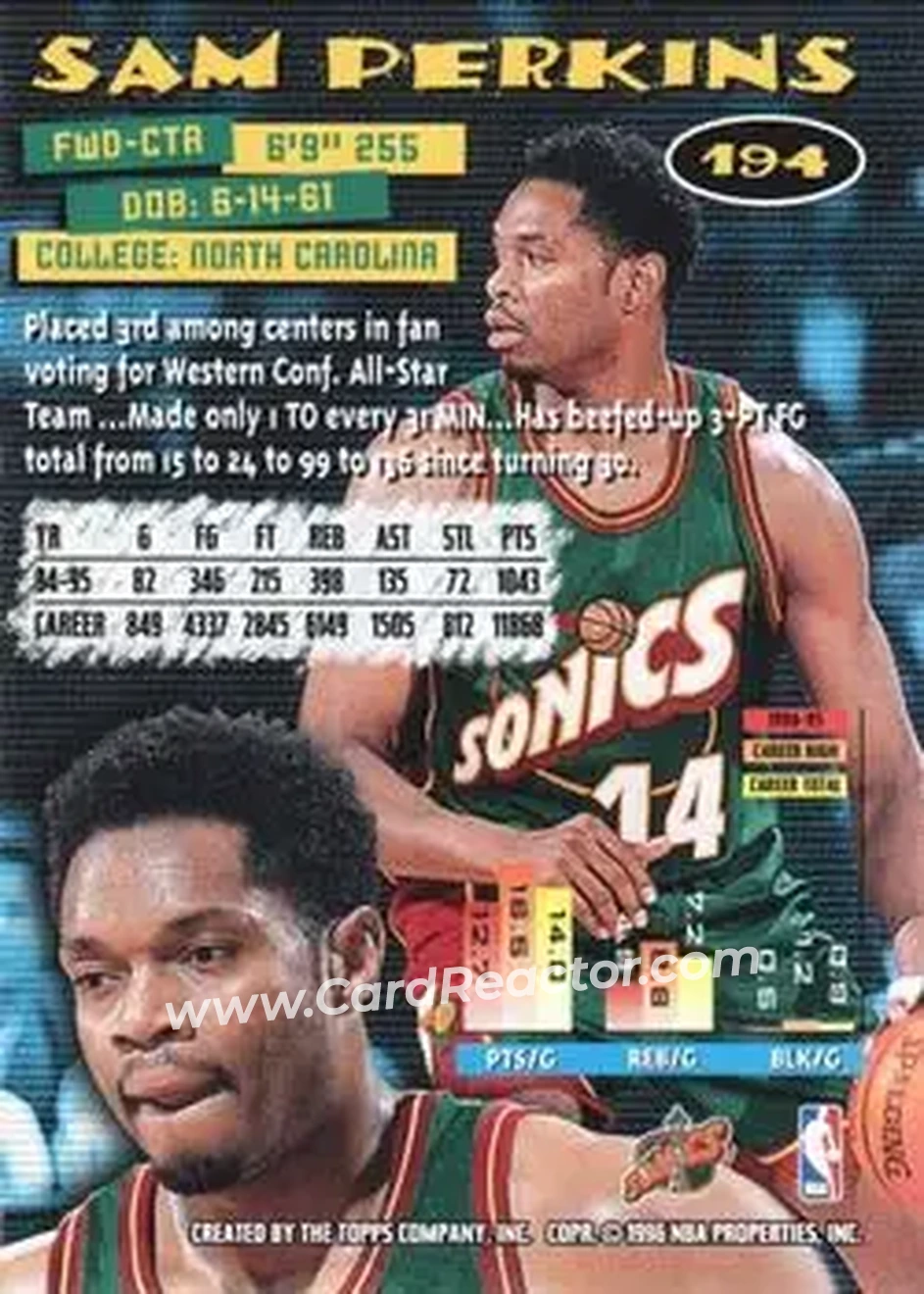 1995-96 Stadium Club #194 - Sam Perkins - Seattle SuperSonics - Back