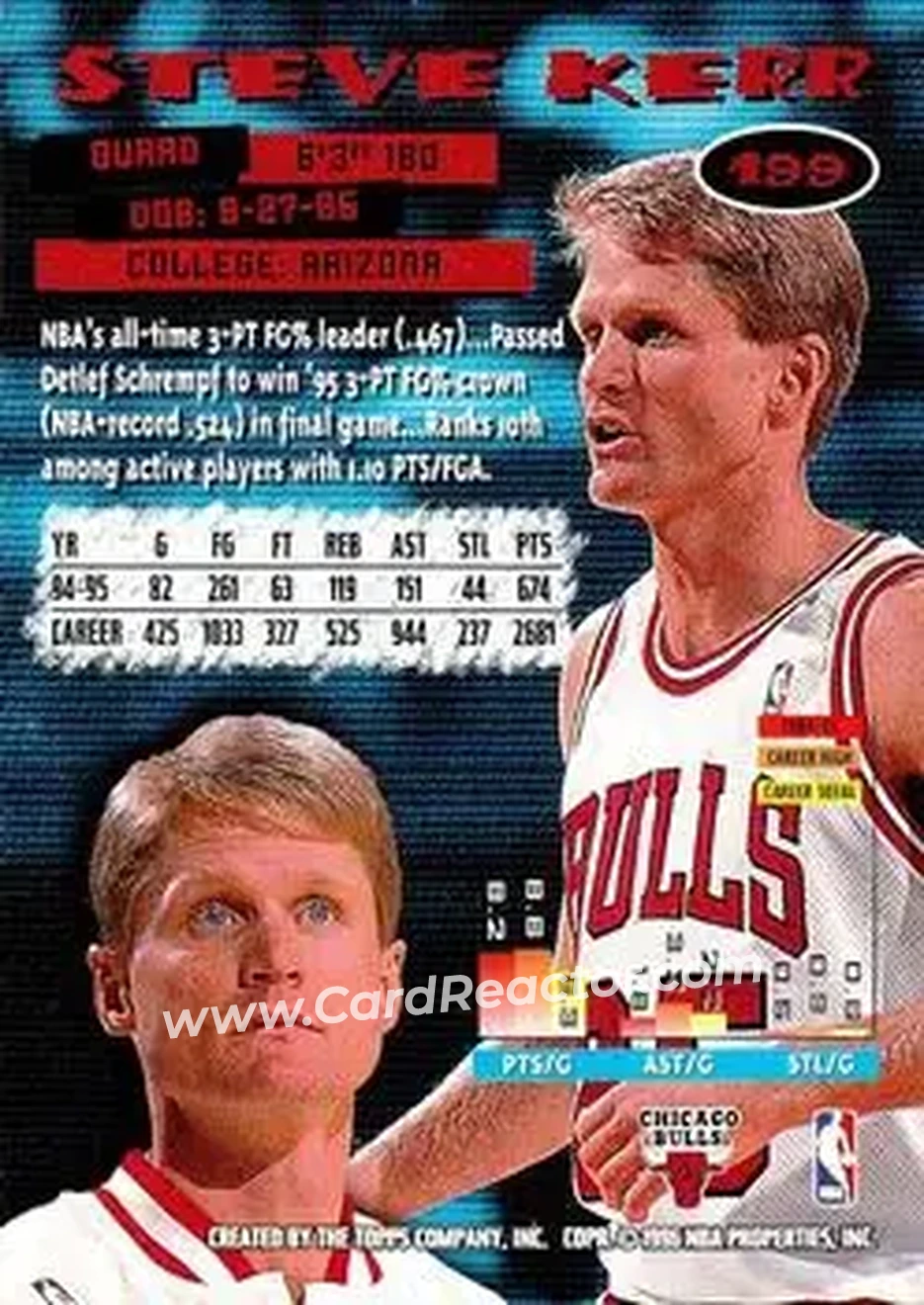 1995-96 Stadium Club #199 - Steve Kerr - Chicago Bulls - Back