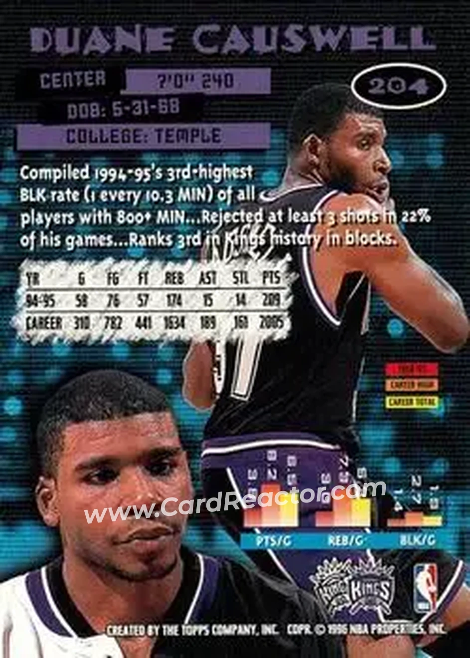 1995-96 Stadium Club #204 - Duane Causwell - Sacramento Kings - Back