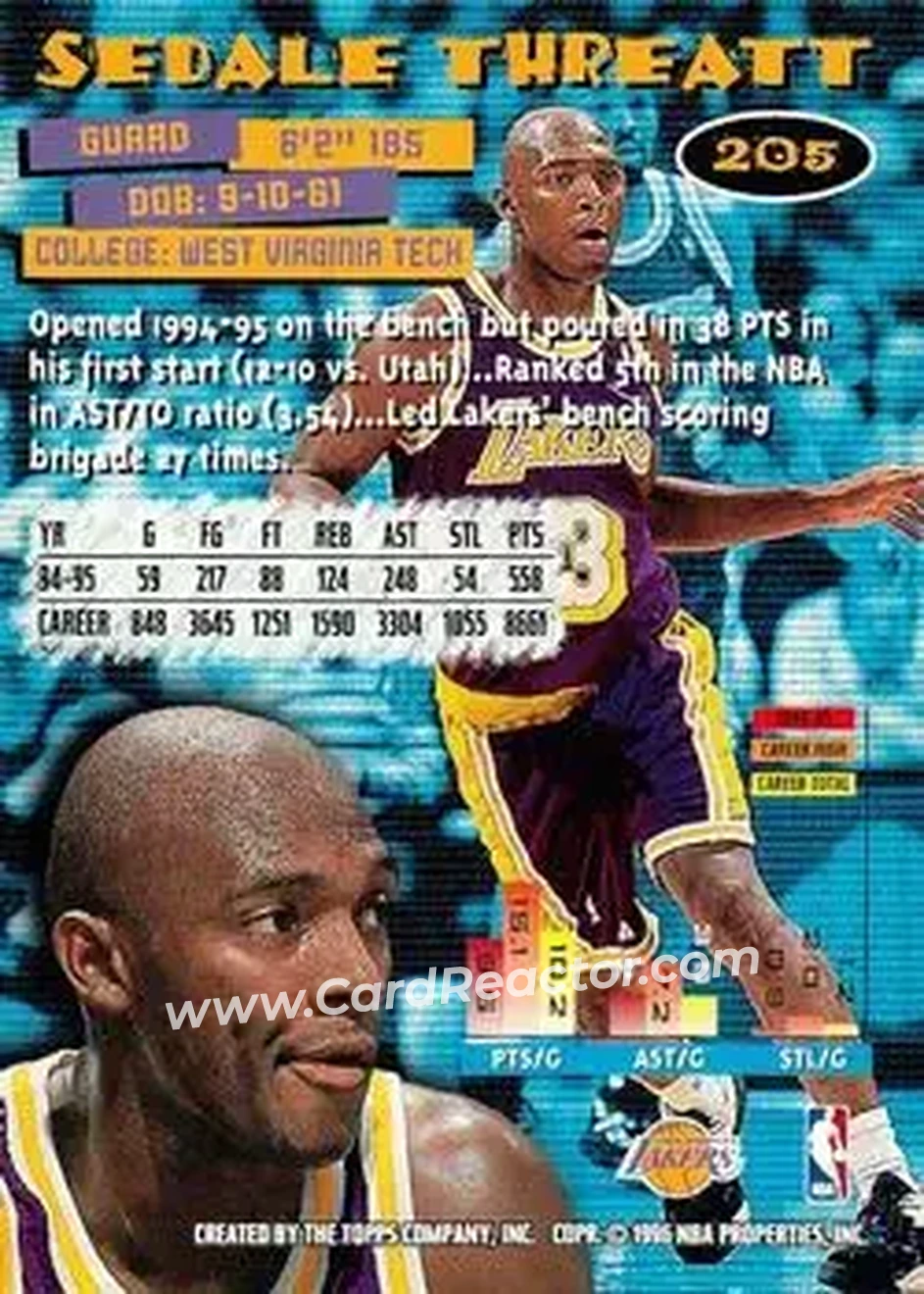 1995-96 Stadium Club #205 - Sedale Threatt - Los Angeles Lakers - Back