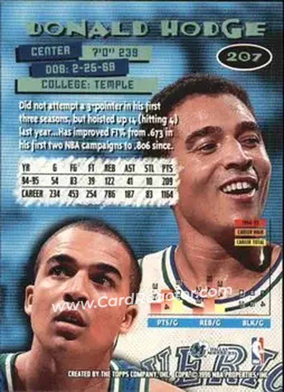 1995-96 Stadium Club #207 - Donald Hodge - Dallas Mavericks - Back