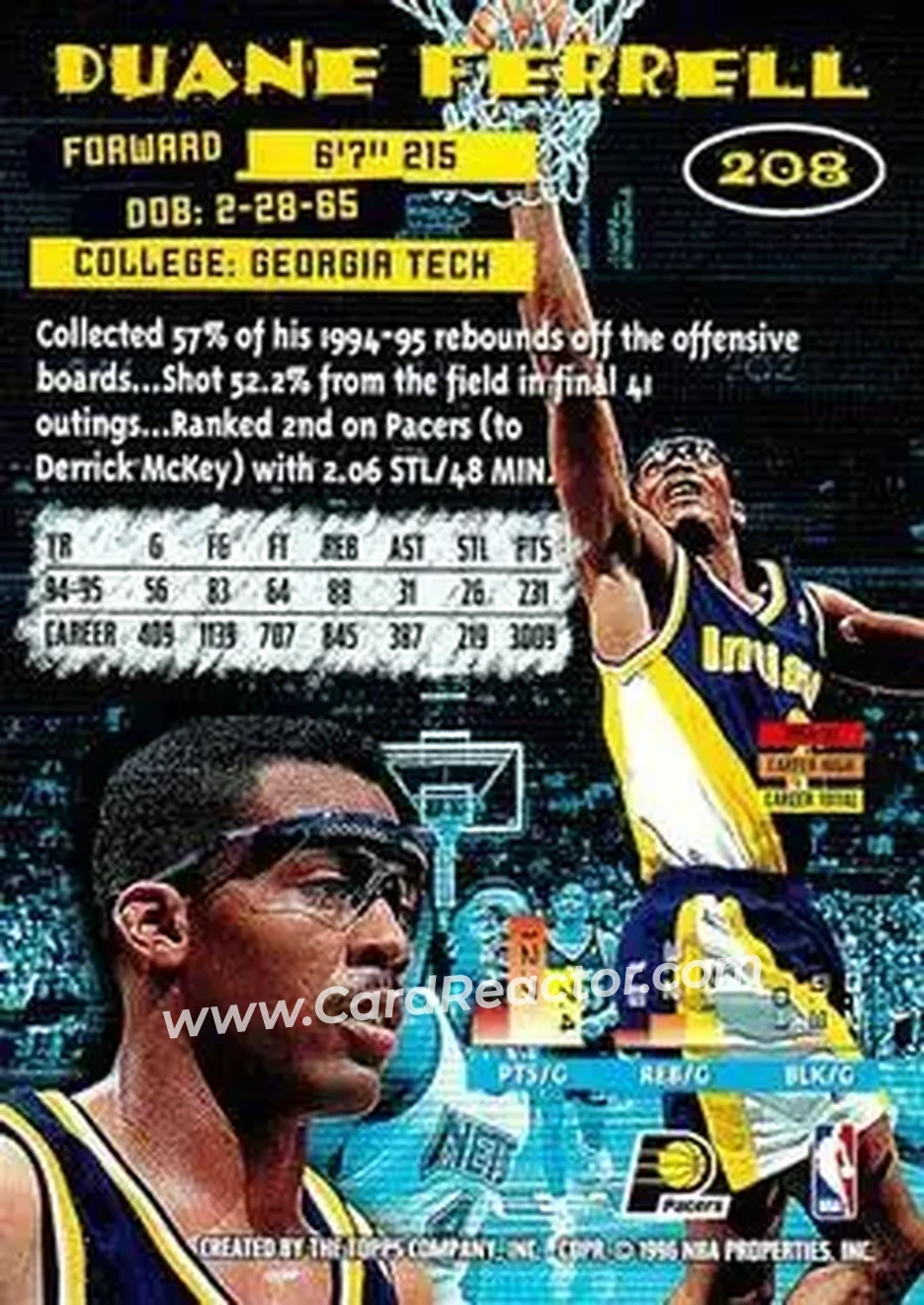1995-96 Stadium Club #208 - Duane Ferrell - Indiana Pacers - Back