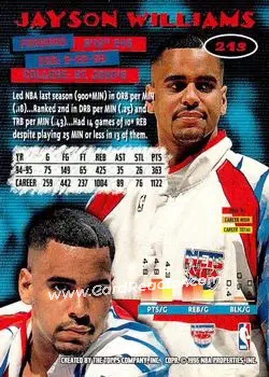 1995-96 Stadium Club #213 - Jayson Williams - New Jersey Nets - Back