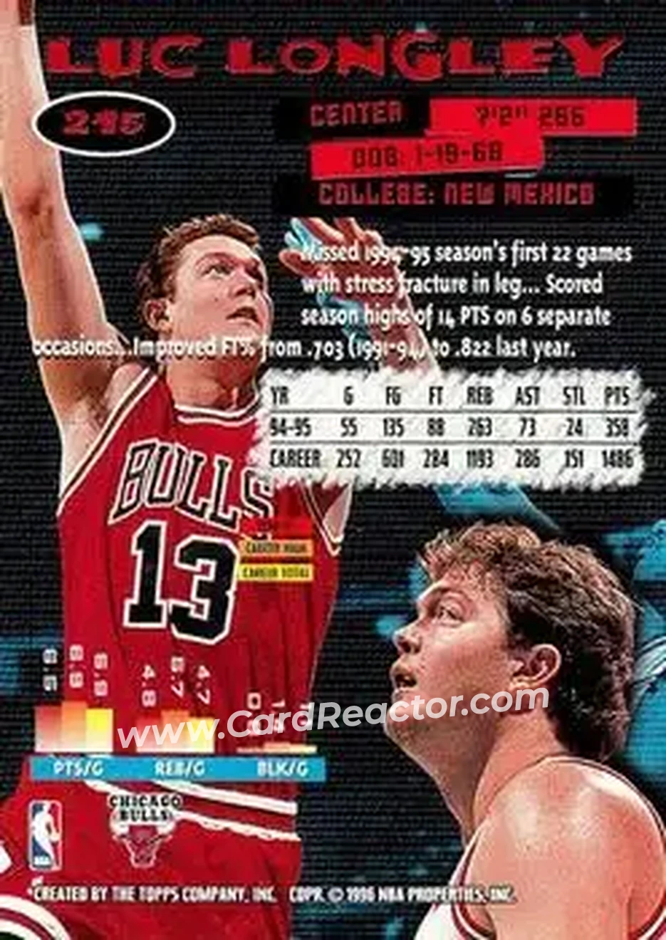 1995-96 Stadium Club #215 - Luc Longley - Chicago Bulls - Back