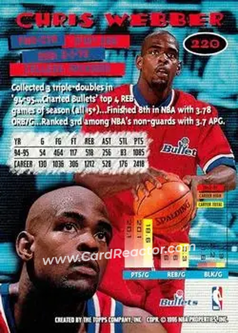1995-96 Stadium Club #220 - Chris Webber - Washington Bullets - Back