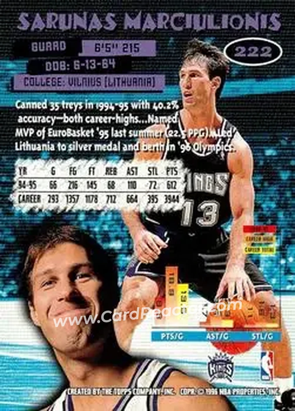 1995-96 Stadium Club #222 - Šarūnas Marčiulionis - Sacramento Kings - Back
