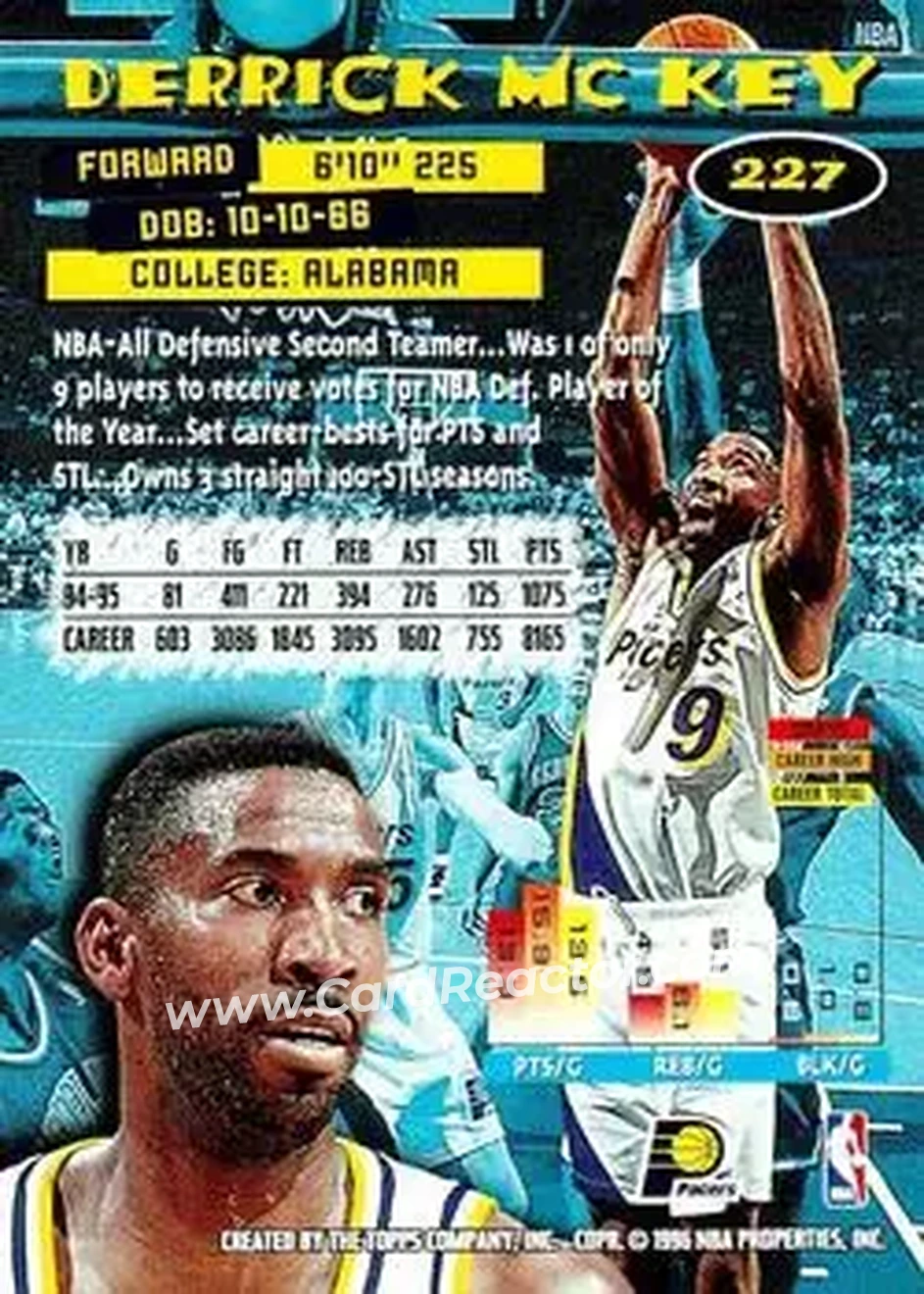 1995-96 Stadium Club #227 - Derrick McKey - Indiana Pacers - Back