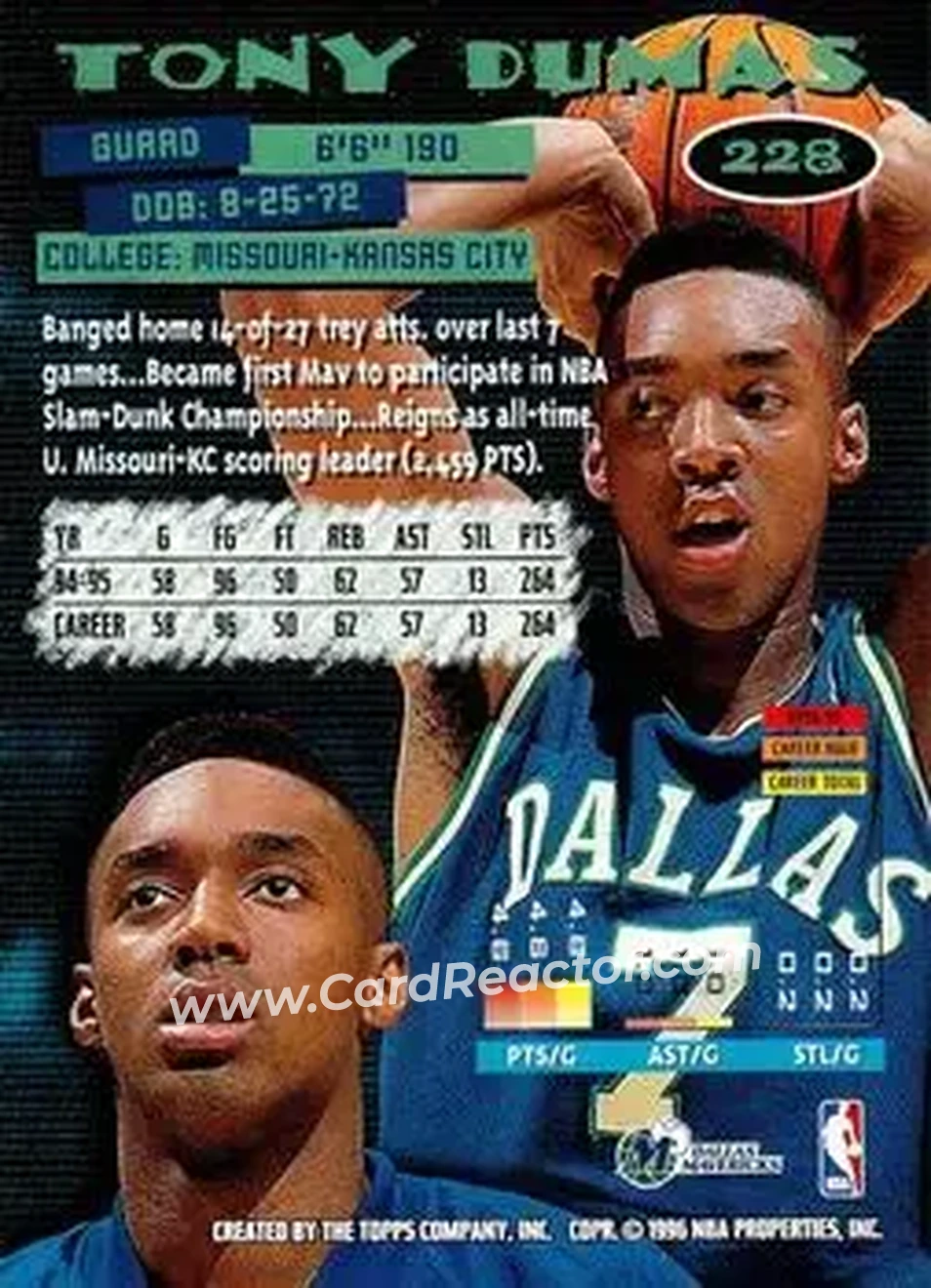 1995-96 Stadium Club #228 - Tony Dumas - Dallas Mavericks - Back
