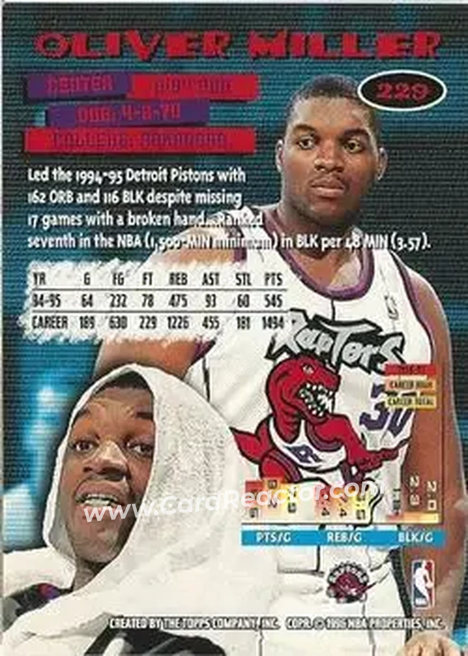 1995-96 Stadium Club #229 - Oliver Miller - Toronto Raptors - Back