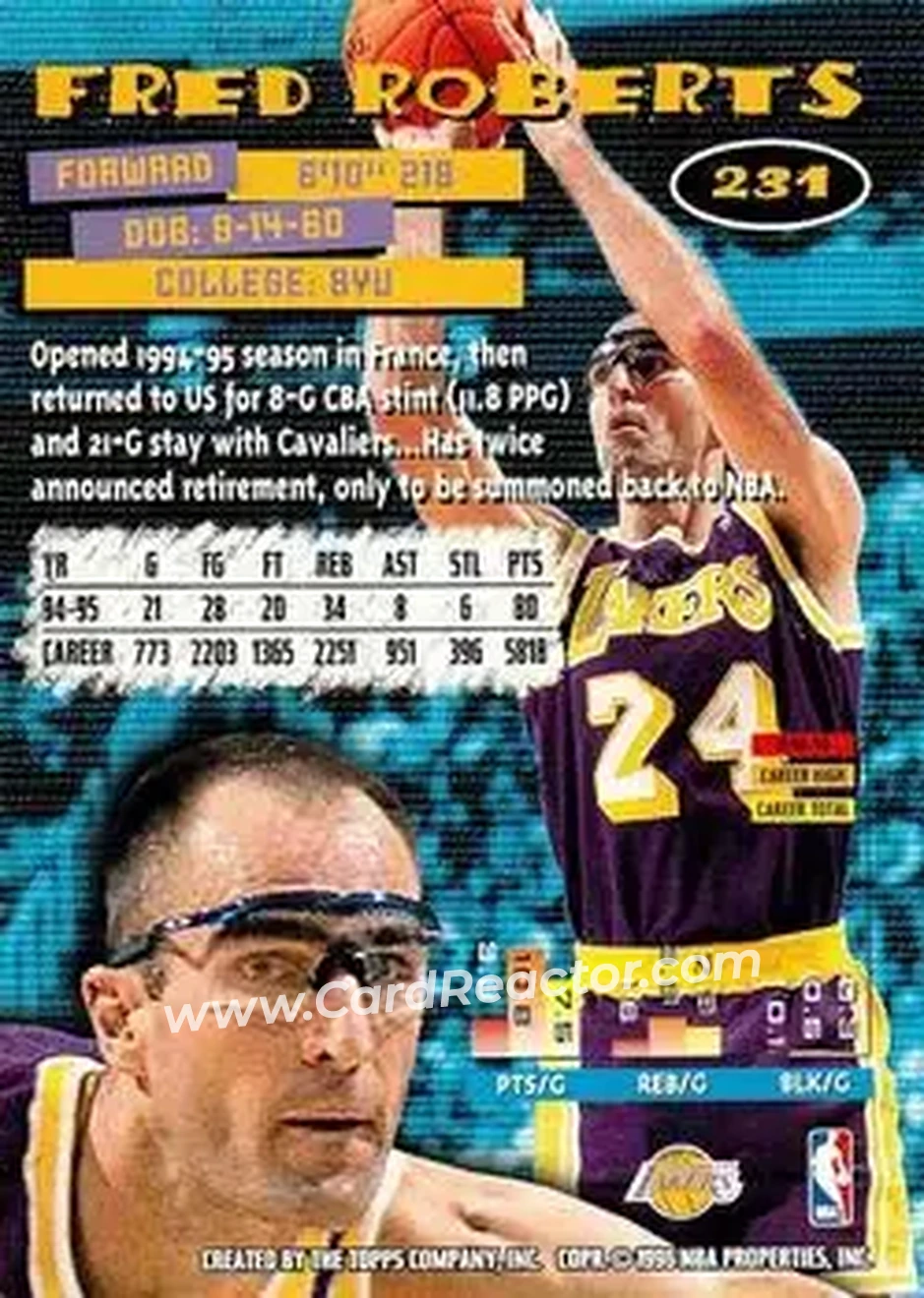 1995-96 Stadium Club #231 - Fred Roberts - Los Angeles Lakers - Back