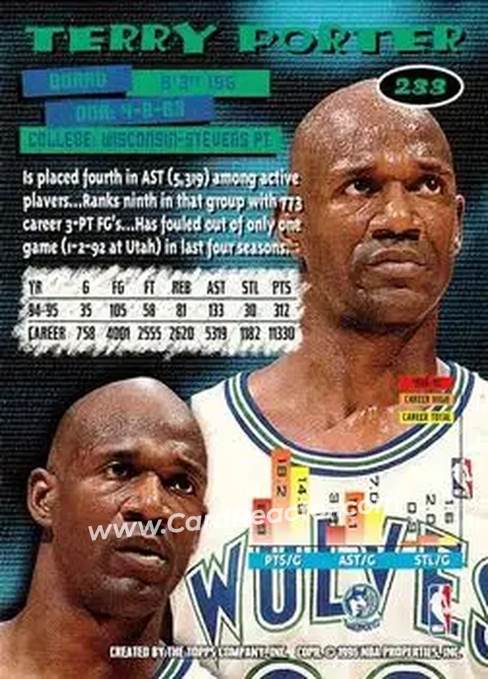 1995-96 Stadium Club #233 - Terry Porter - Minnesota Timberwolves - Back