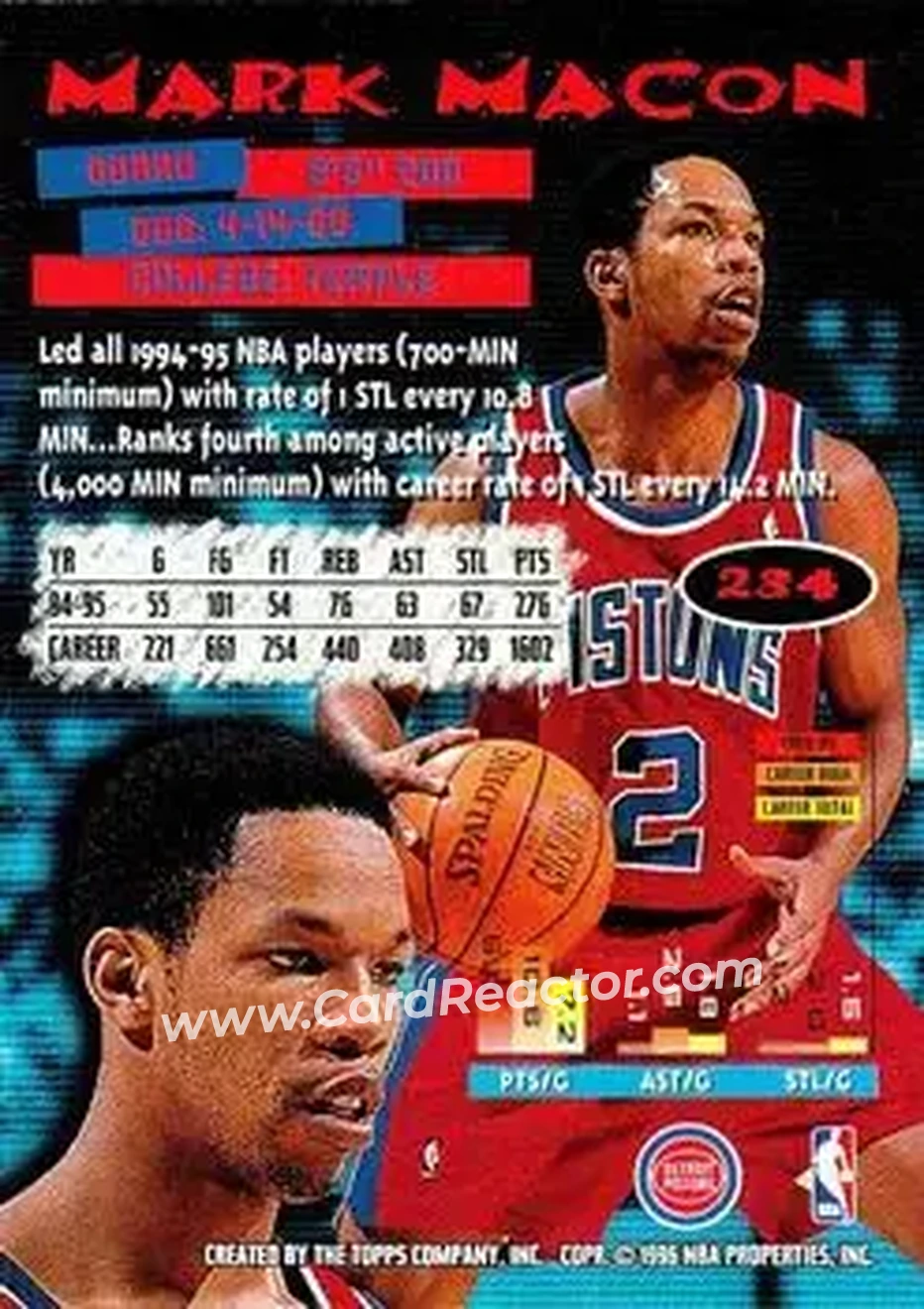 1995-96 Stadium Club #234 - Mark Macon - Detroit Pistons - Back