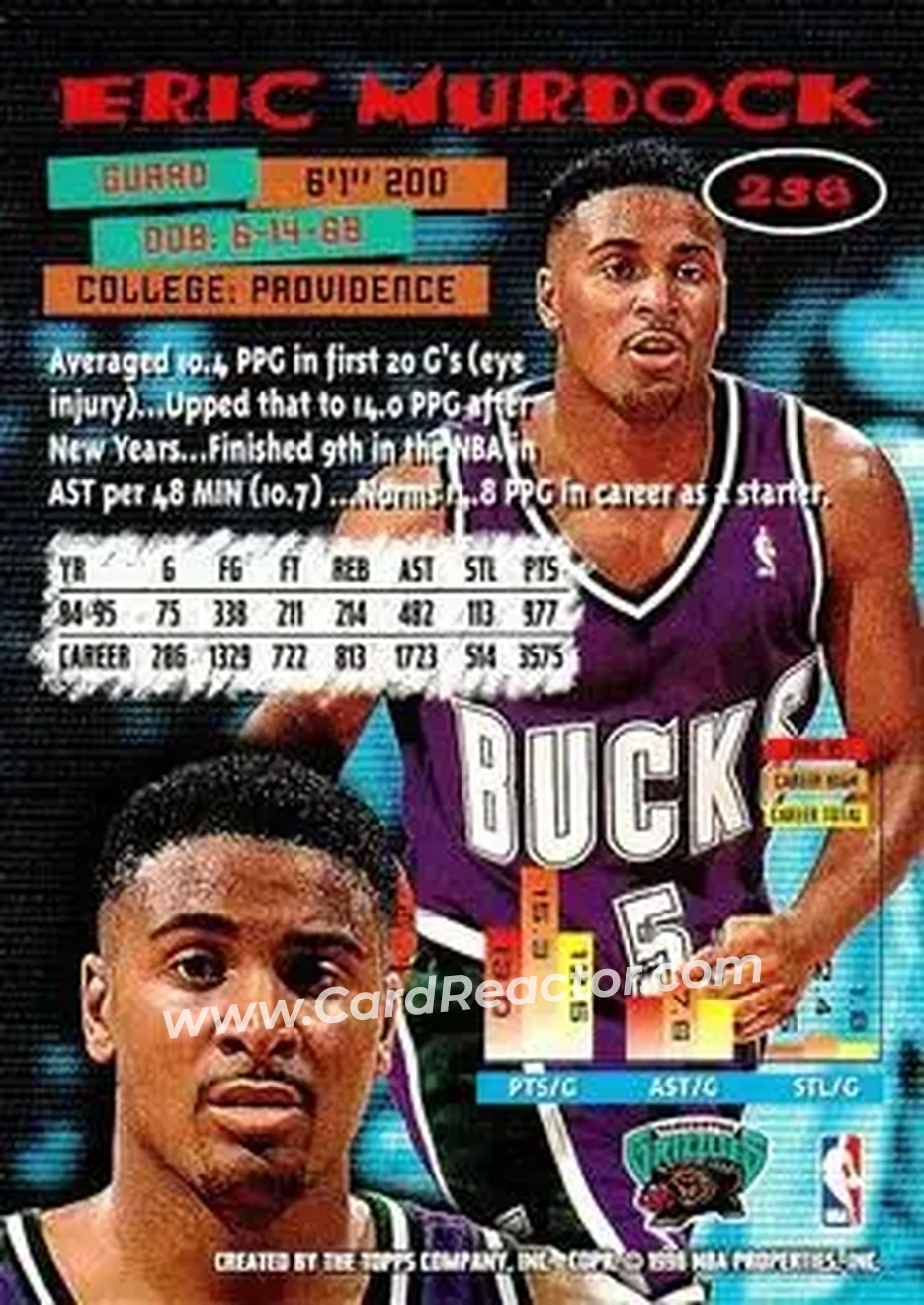 1995-96 Stadium Club #236 - Eric Murdock - Vancouver Grizzlies - Back