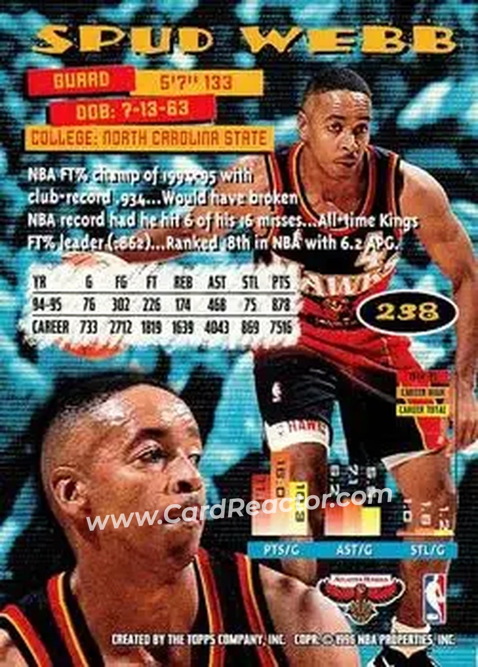 1995-96 Stadium Club #238 - Spud Webb - Atlanta Hawks - Back