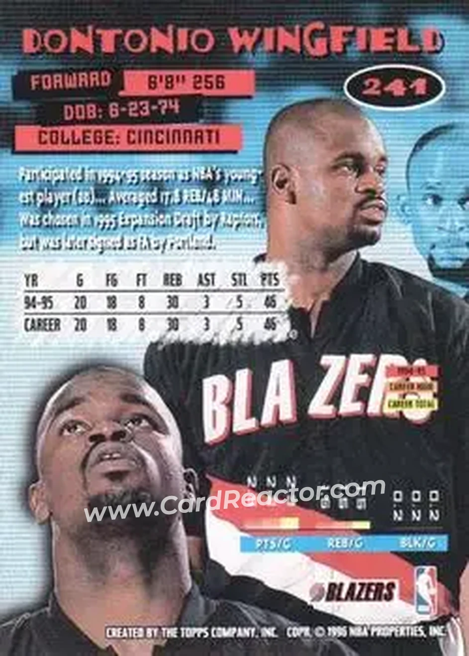 1995-96 Stadium Club #241 - Dontonio Wingfield - Portland Trail Blazers - Back