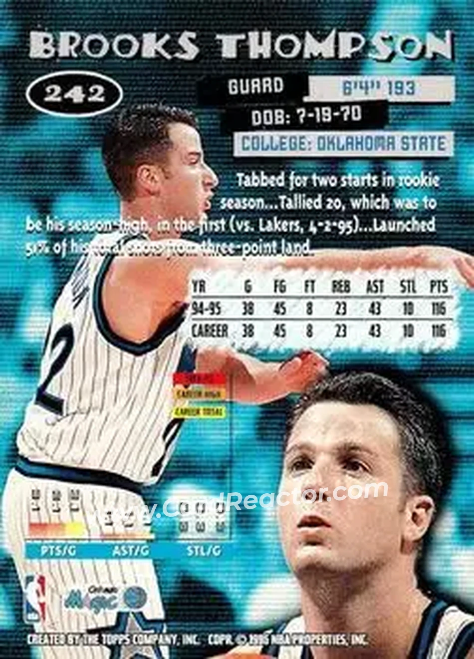 1995-96 Stadium Club #242 - Brooks Thompson - Orlando Magic - Back
