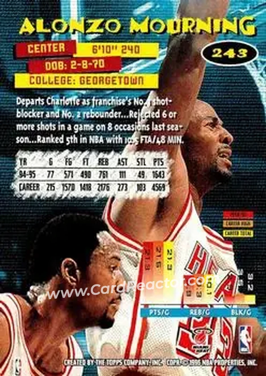 1995-96 Stadium Club #243 - Alonzo Mourning - Miami Heat - Back