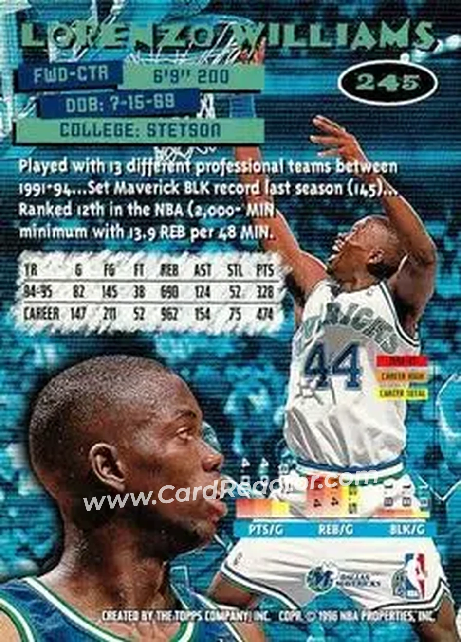 1995-96 Stadium Club #245 - Lorenzo Williams - Dallas Mavericks - Back