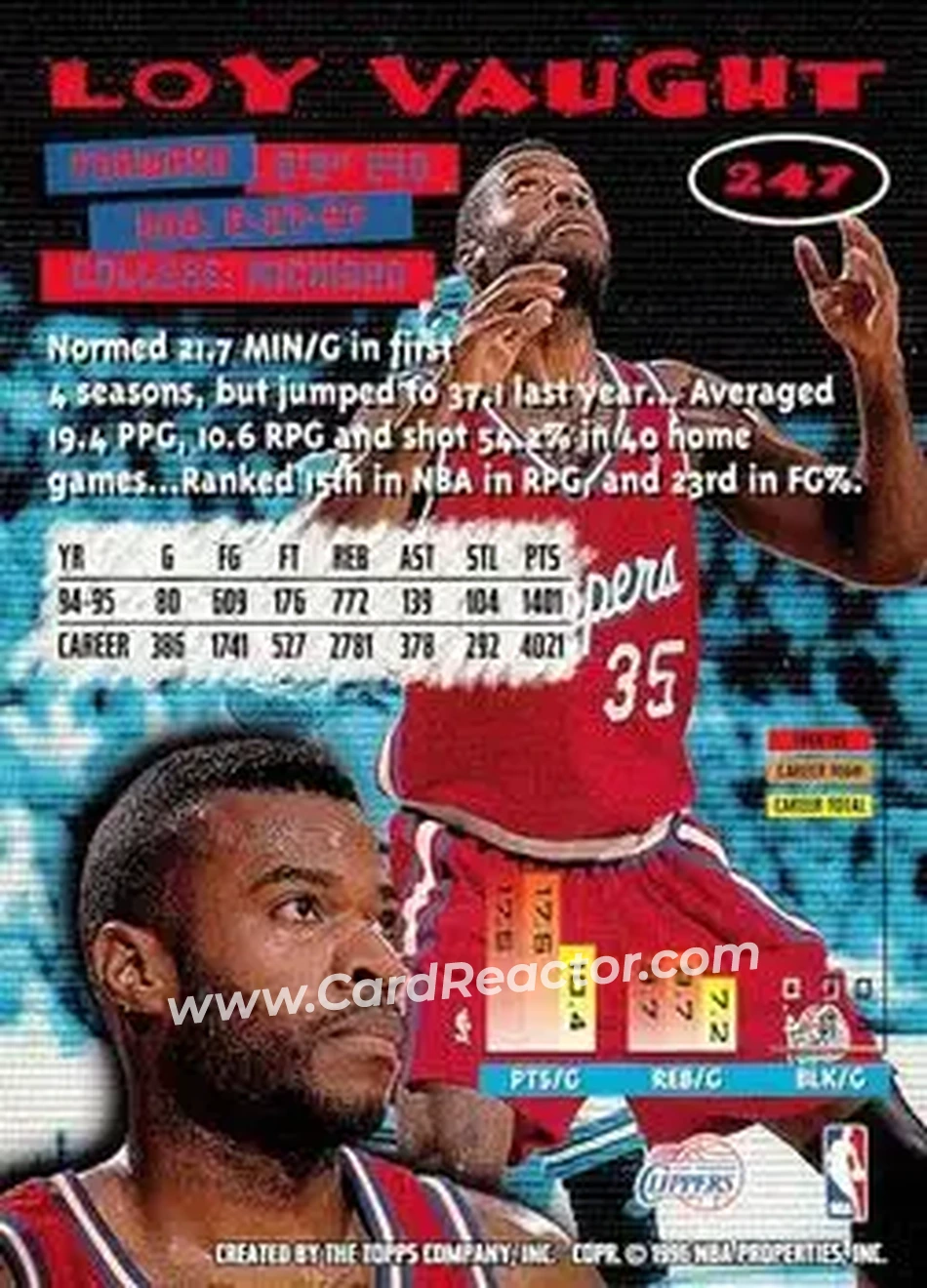 1995-96 Stadium Club #247 - Loy Vaught - Los Angeles Clippers - Back