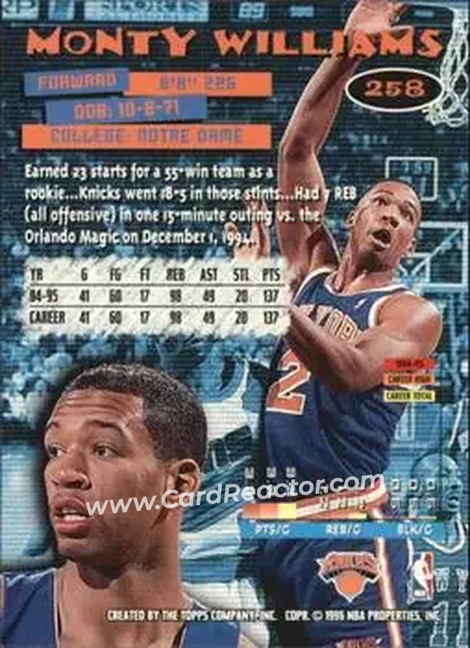 1995-96 Stadium Club #258 - Monty Williams - New York Knicks - Back