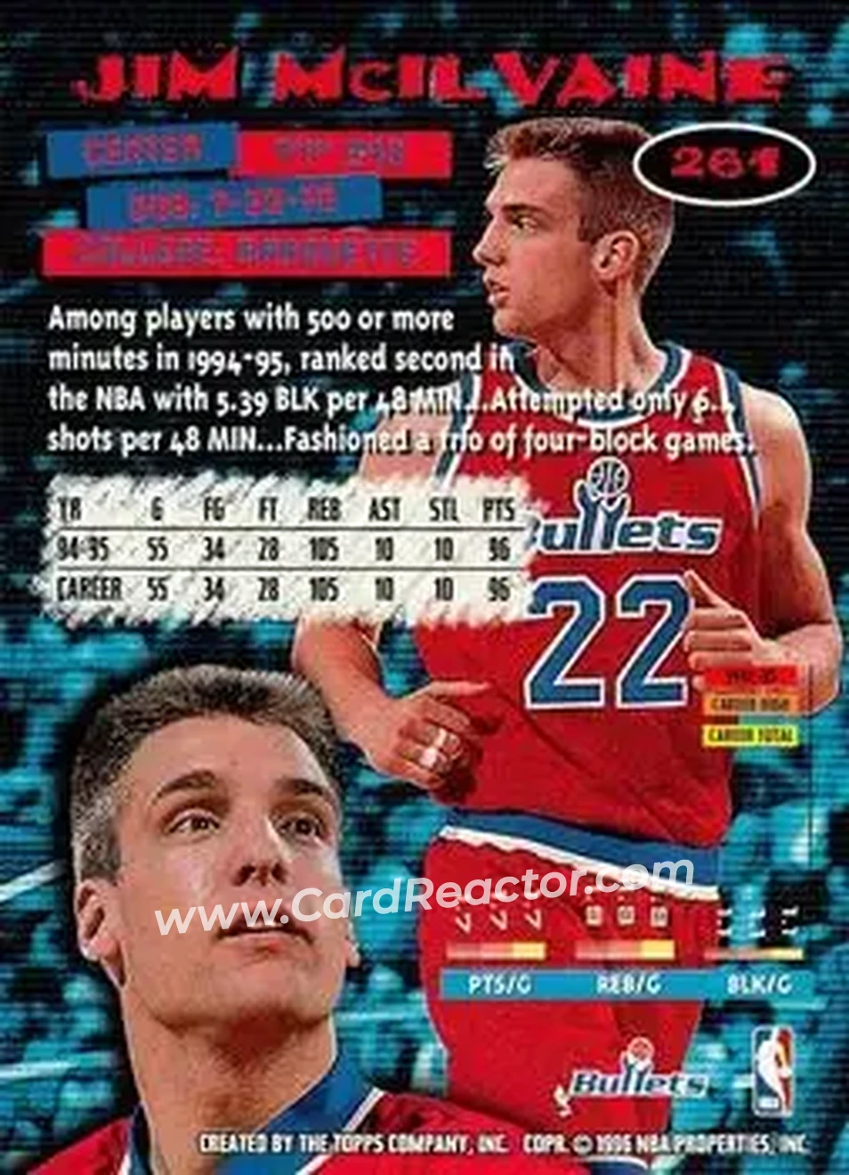 1995-96 Stadium Club #261 - Jim McIlvaine - Washington Bullets - Back