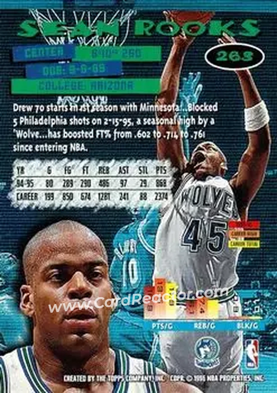 1995-96 Stadium Club #263 - Sean Rooks - Minnesota Timberwolves - Back
