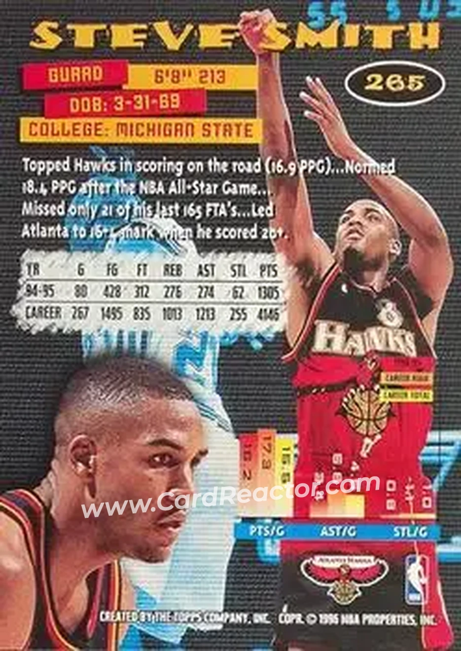 1995-96 Stadium Club #265 - Steve Smith - Atlanta Hawks - Back
