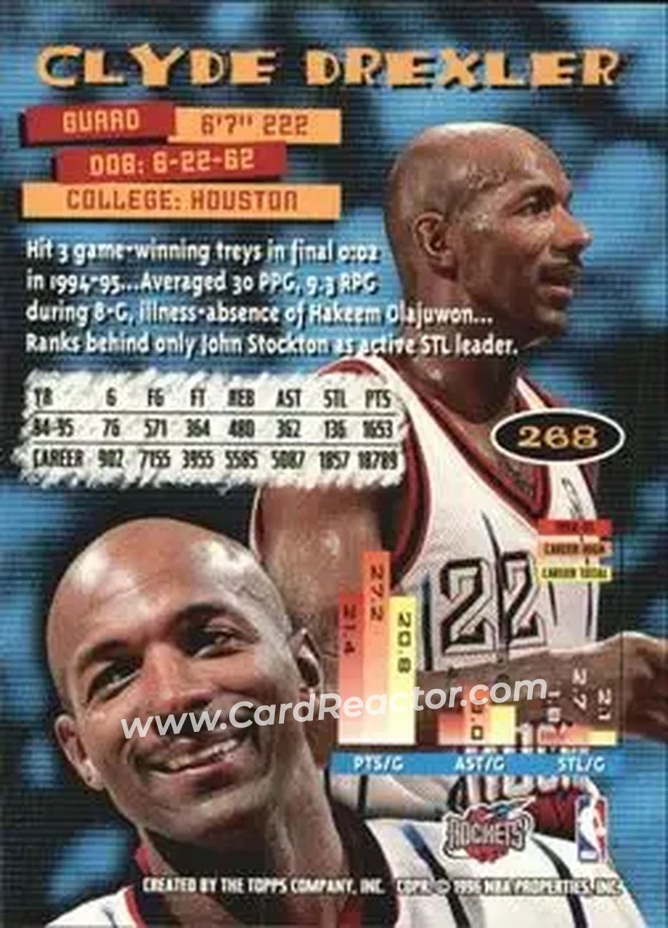1995-96 Stadium Club #268 - Clyde Drexler - Houston Rockets - Back