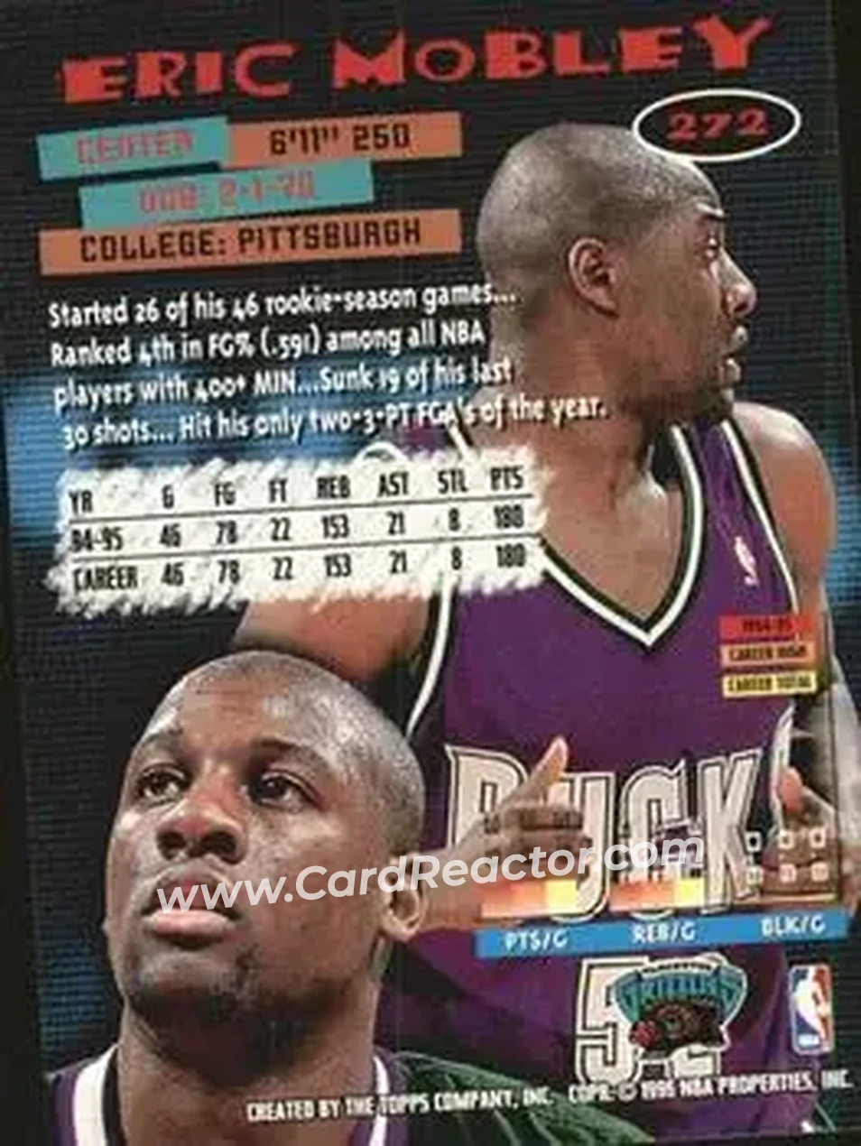1995-96 Stadium Club #272 - Eric Mobley - Vancouver Grizzlies - Back