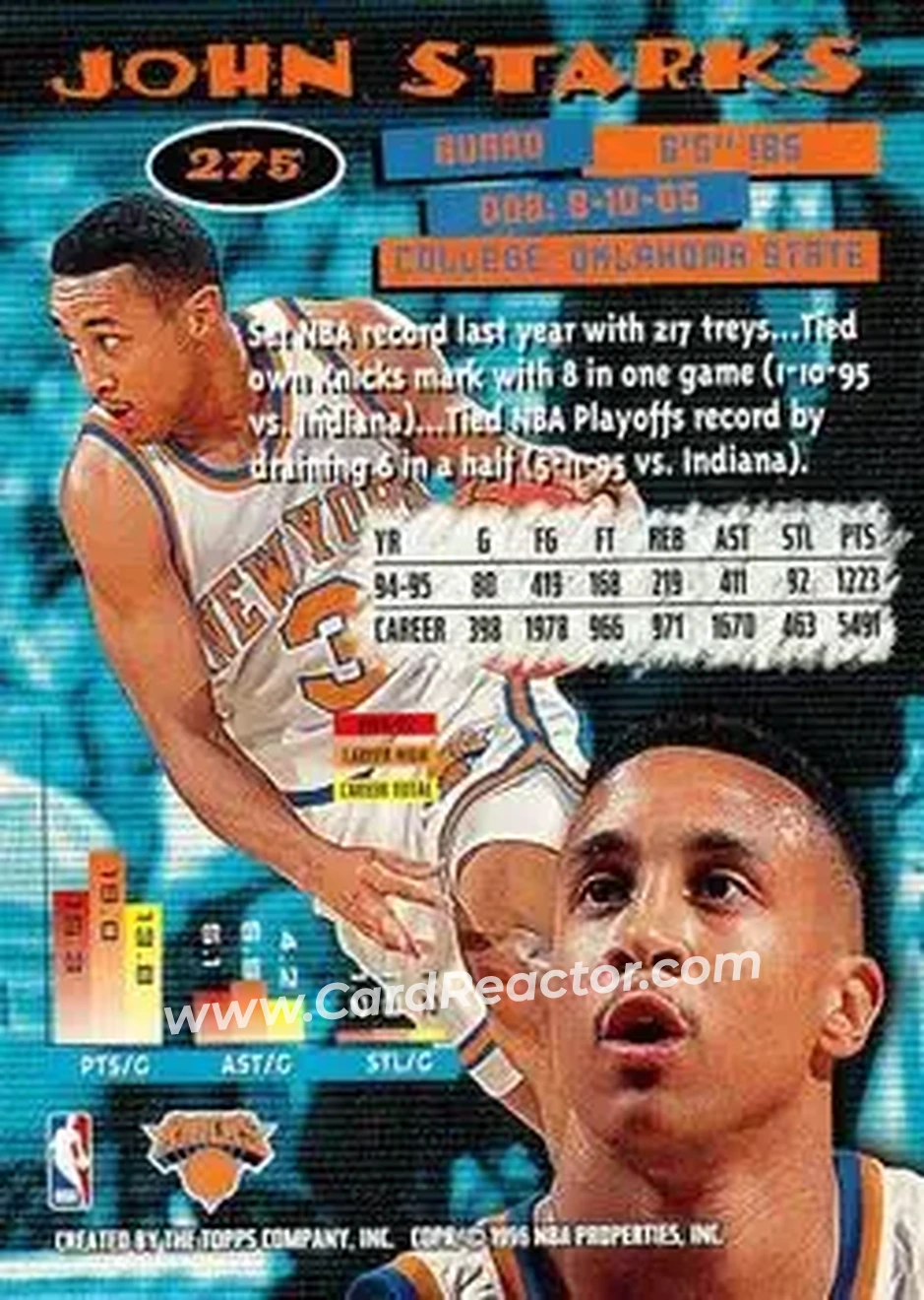 1995-96 Stadium Club #275 - John Starks - New York Knicks - Back