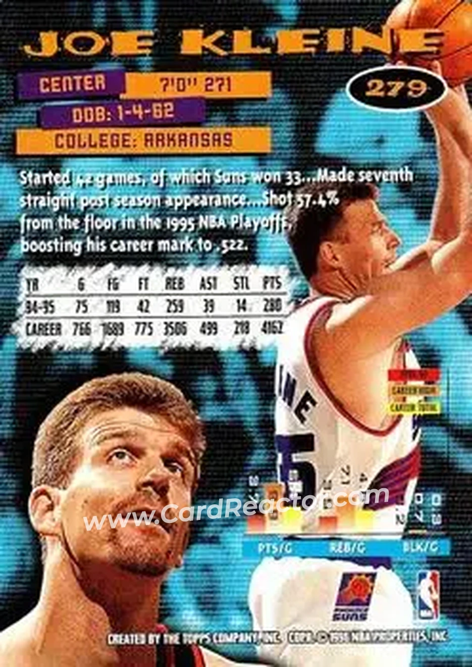 1995-96 Stadium Club #279 - Joe Kleine - Phoenix Suns - Back