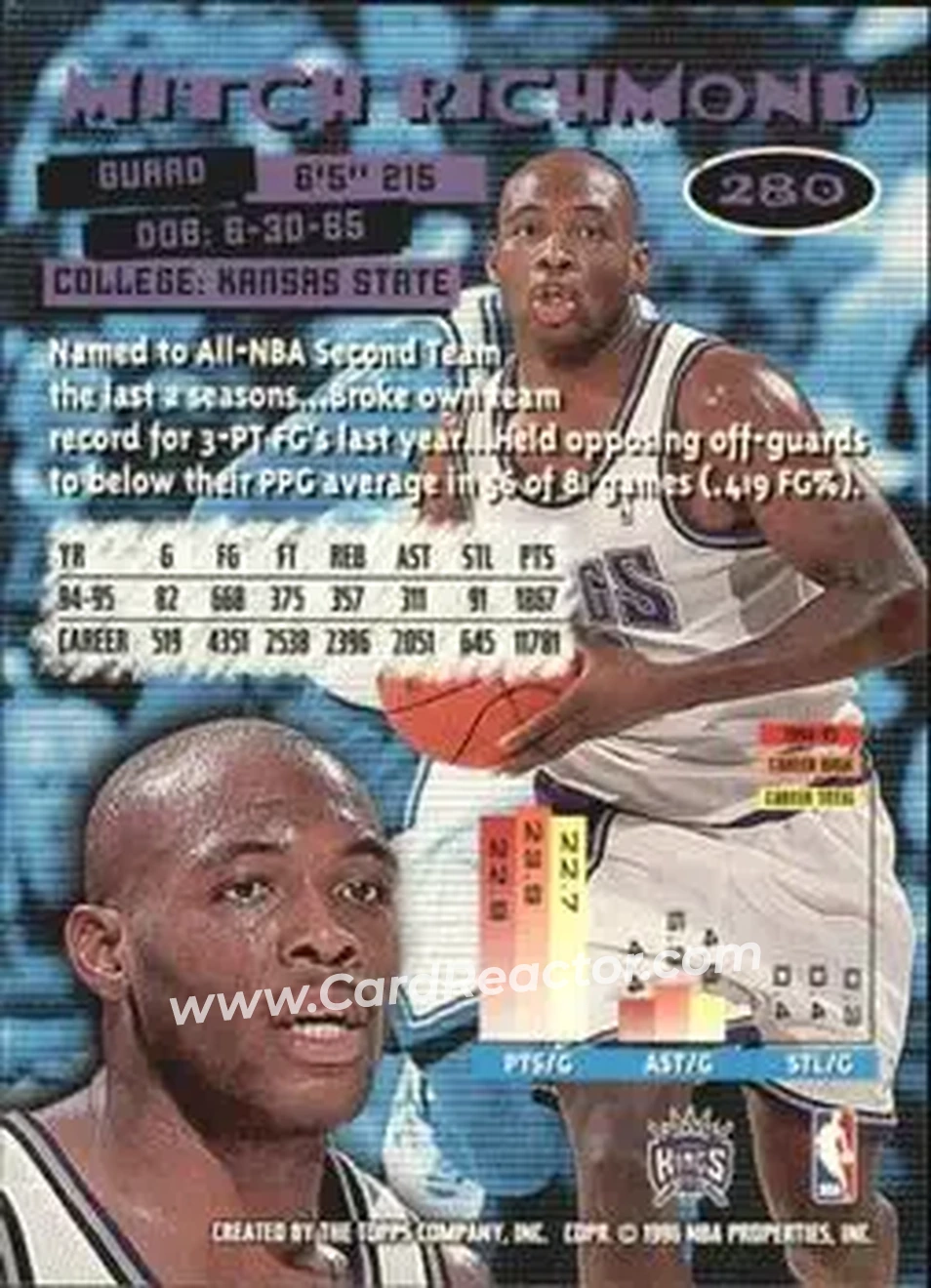 1995-96 Stadium Club #280 - Mitch Richmond - Sacramento Kings - Back